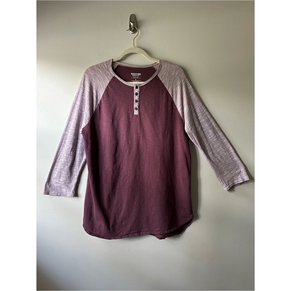 Mossimo Burgundy Wine Heathered Henley Tee 3/4 Sleeves Size L Minimalist Sporty